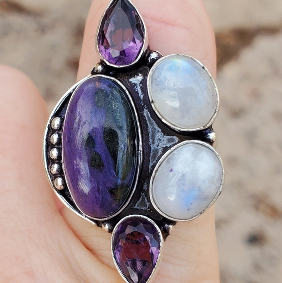 New Charoite, Rainbow Moonstone, and Amethyst 925 Silver Ring. - Picture 2 of 16